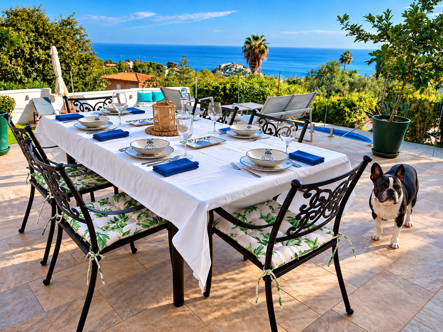 Villa Azahara terrace with blue napkins, glasses, sea views